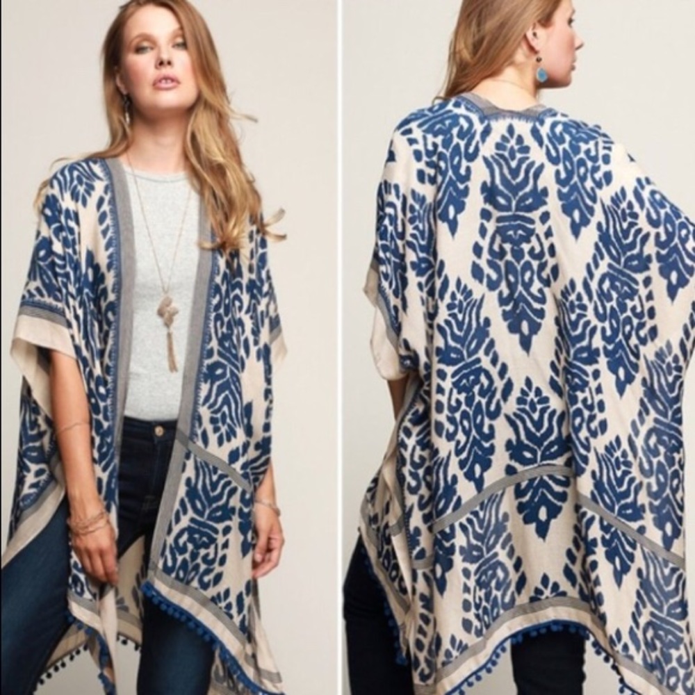 NEW Navy Damask Print Short Sleeve Kimono